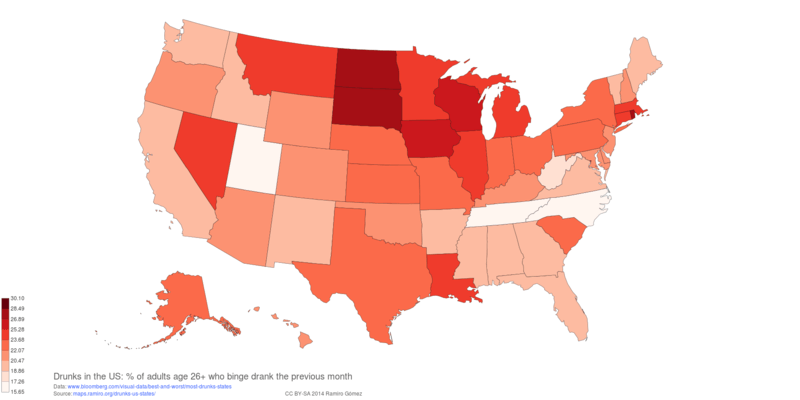 Drunks in the US: % of adults age 26+ who binge drank the previous month